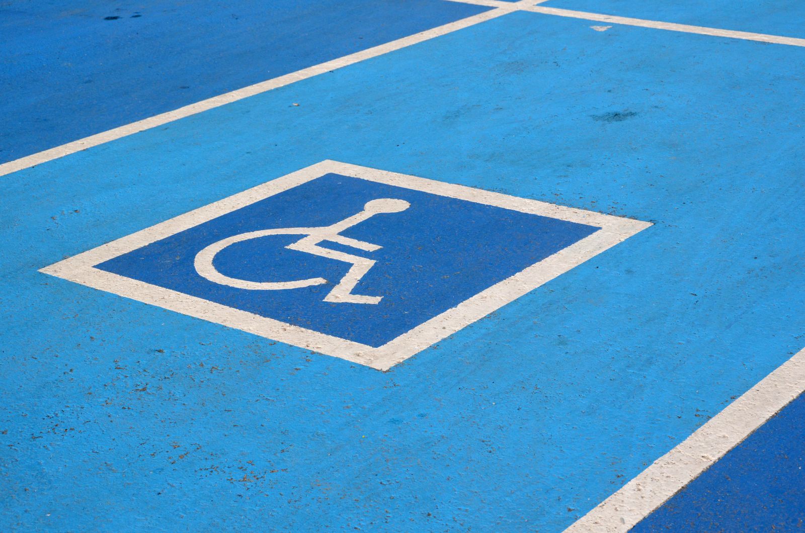 Blue ADA accessible stall with painted wheelchair symbol